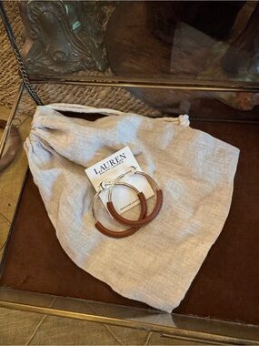 Lauren Ralph Lauren Brown and Gold Leather-Trim Hoop Earrings